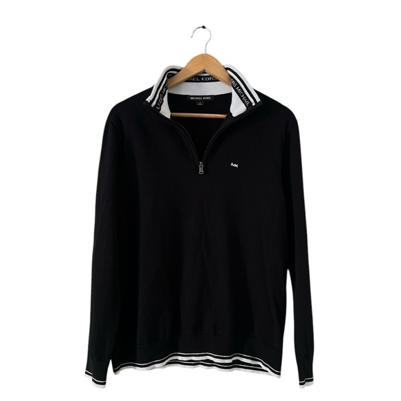 Michael Kors Men’s 1/4 Zip Rib Knit Cotton Sweater Black White Trim L - Picture 1 of 13